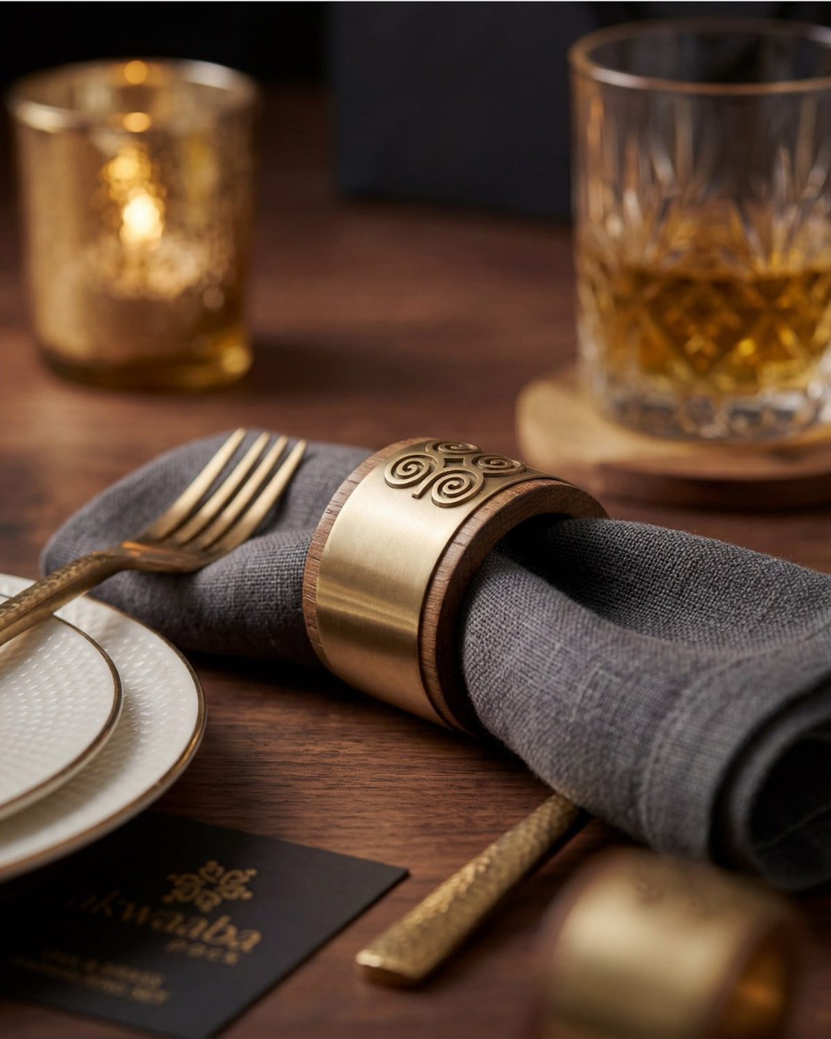 Oak & Brass Napkin Ring Set